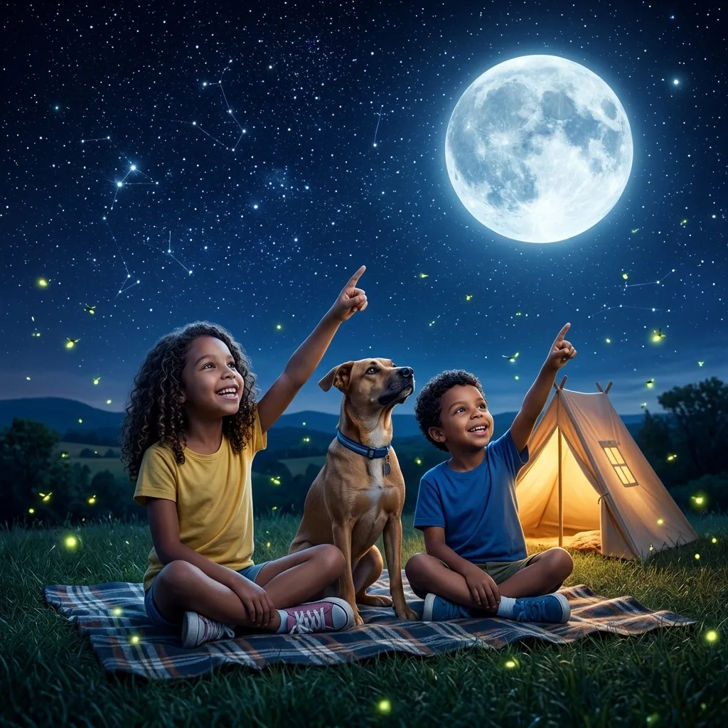 Luna, o irmão Theo e o cachorro Caramelo olhando as estrelas num acampamento (personagens fictícios)